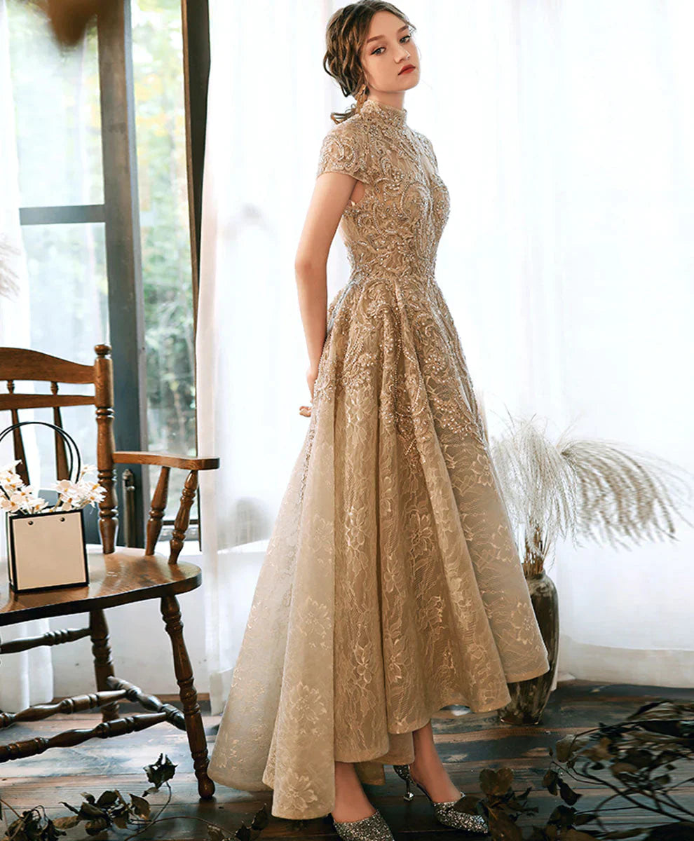 Champagne Lace High Low Short Sleeves Prom Dress, High Low Homecoming Dress