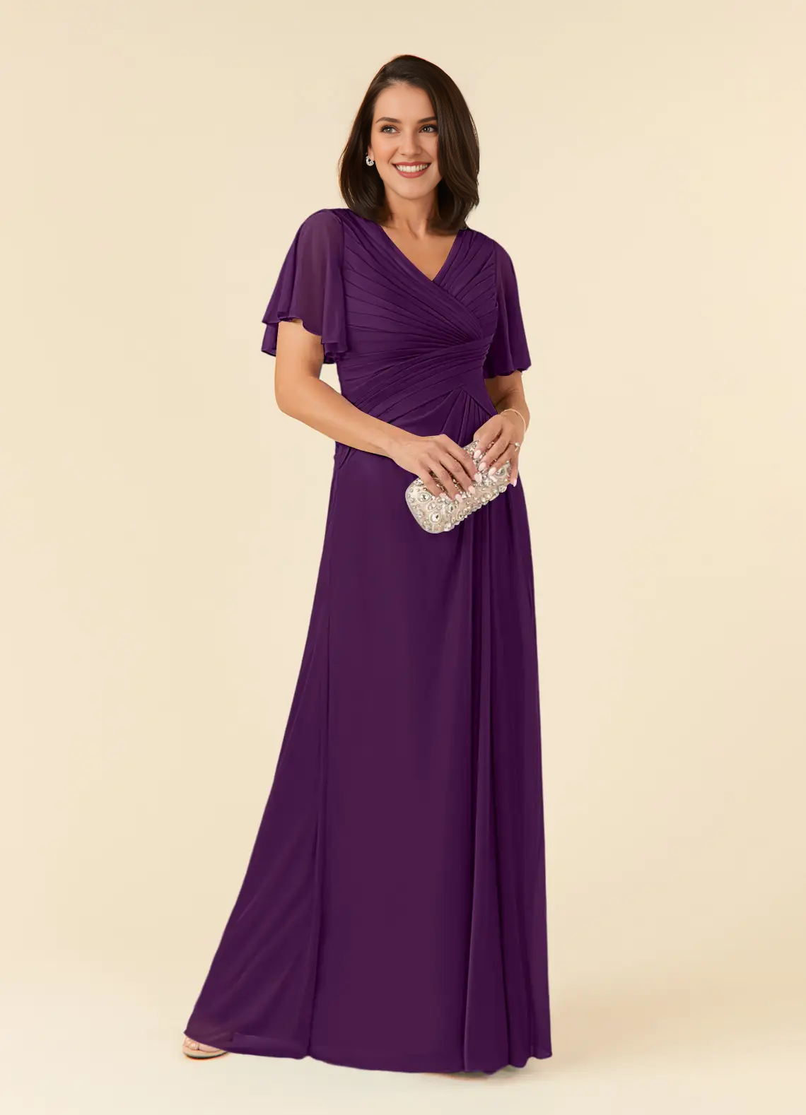 A-line V-neck pleated mesh and floor length mother of the bride dress