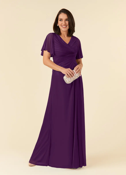 A-line V-neck pleated mesh and floor length mother of the bride dress