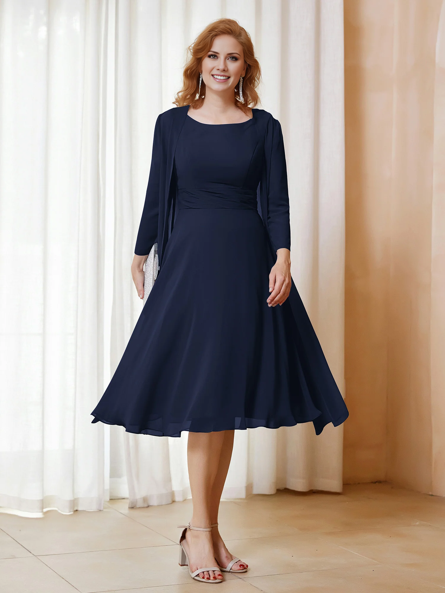 Folded chiffon dress paired with jacket mother of the bride dress
