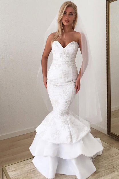 Modern V Neck White Lace Appliques Mermaid Ruffled Long Wedding Dress