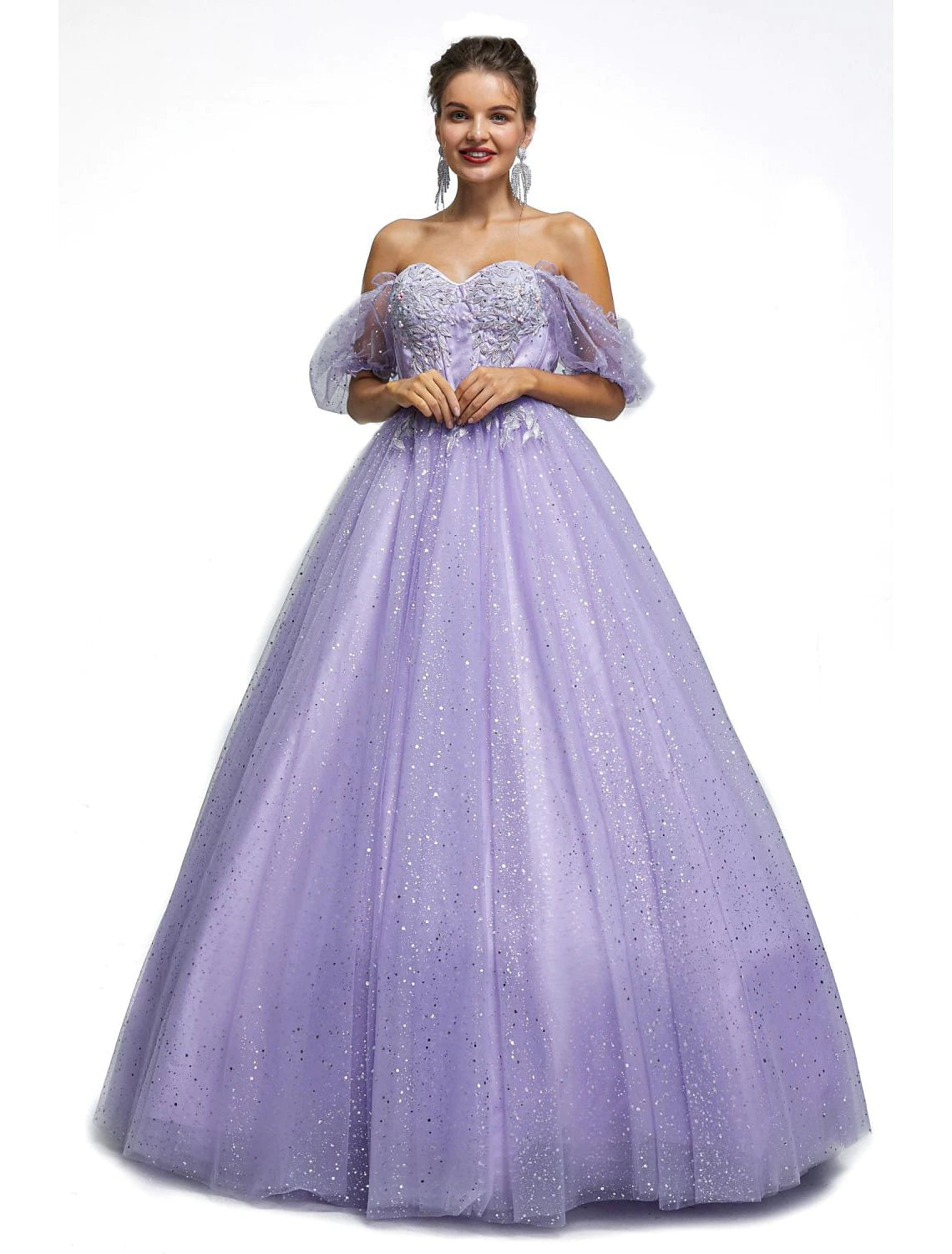 Ball Gown Prom Dresses Princess Dress Graduation Floor Length Short Sleeve Sweetheart Tulle with Sequin