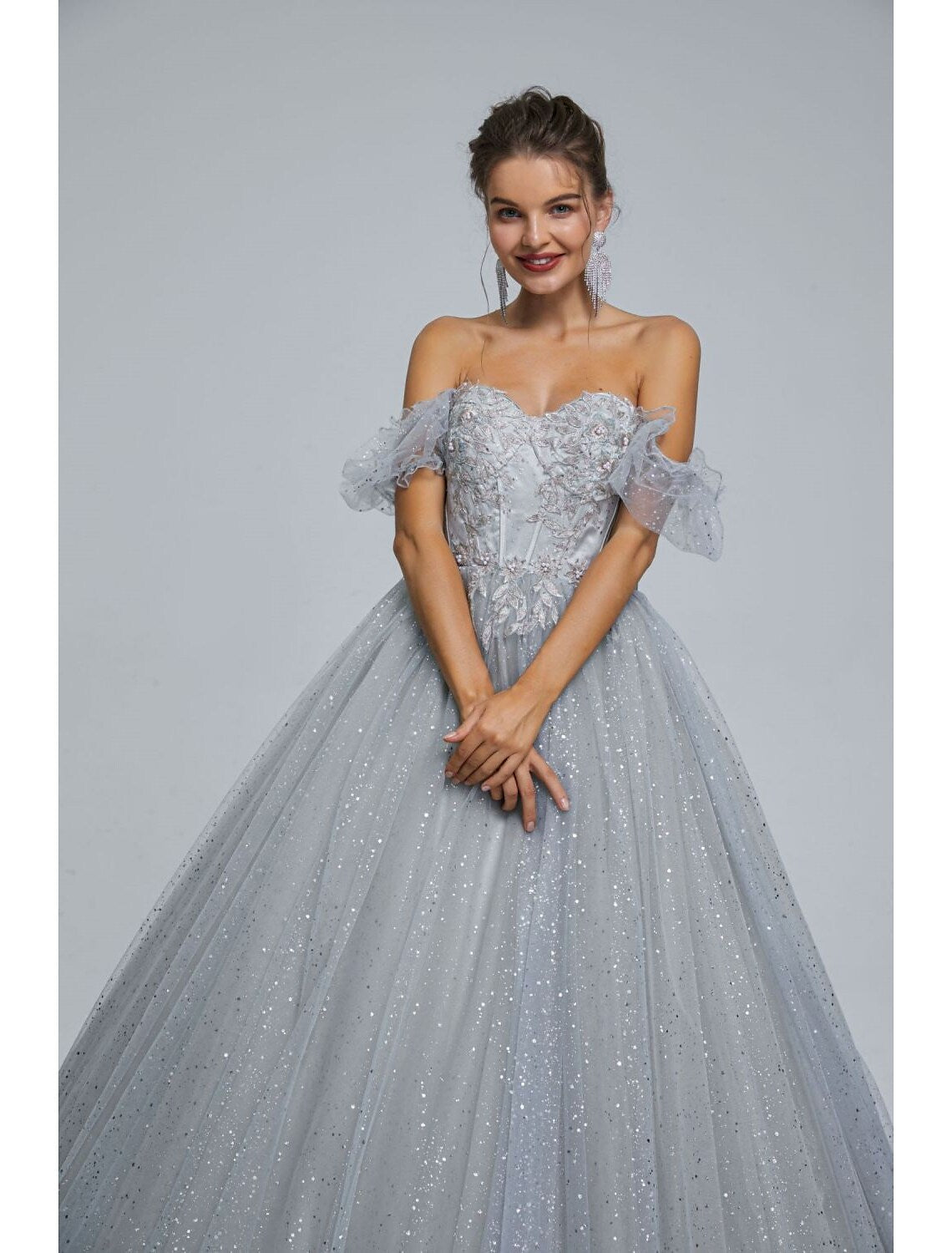 Ball Gown Prom Dresses Princess Dress Graduation Floor Length Short Sleeve Sweetheart Tulle with Sequin