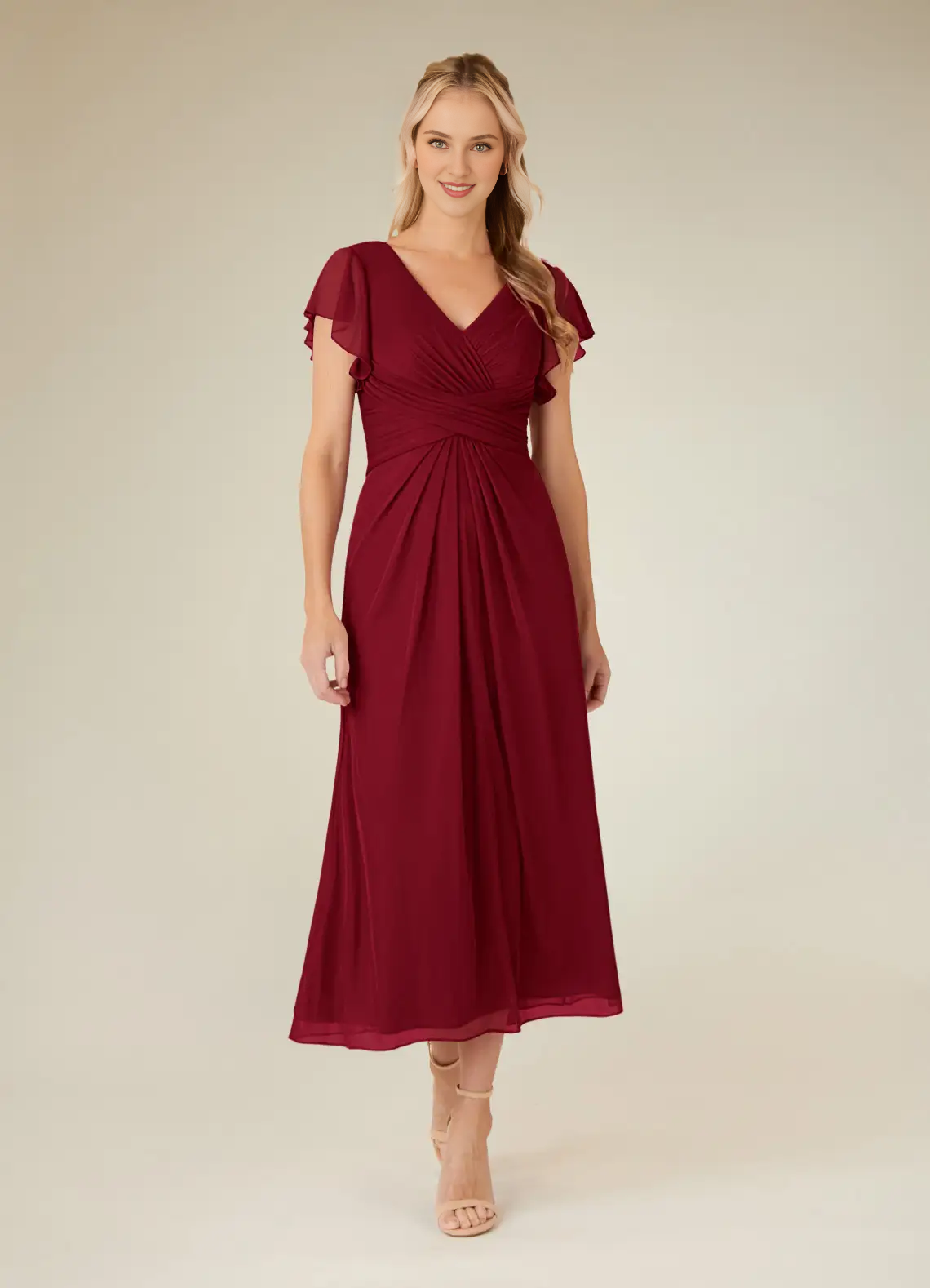 Eucalyptus tree A-line V-neck pleated mesh tea long mother of bride dress