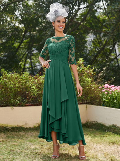A-line princess transparent collar half sleeve long strap with decal mother of the bride dress