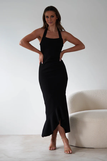 Hanging neck neckline off shoulder lotus leaf edge design Prom dress - Jimiss Dress