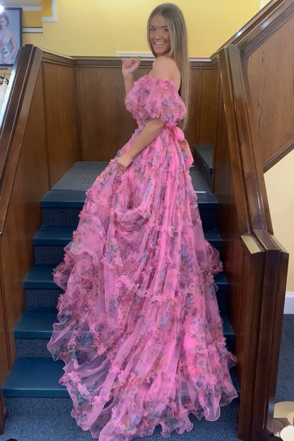 A Line Pink Green Flower Strapless Corset Tulle Long Prom Dress Off Shoulder