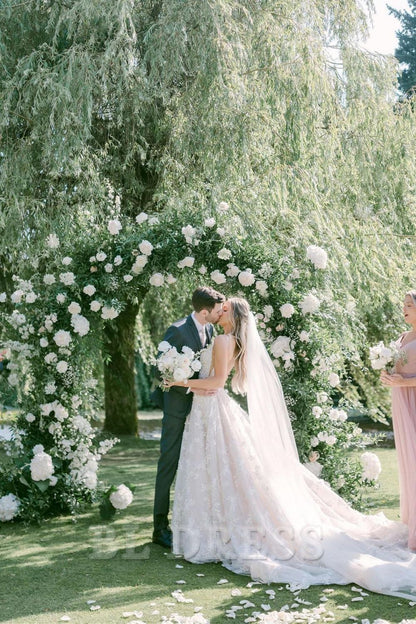 A Line V Neck Gorgeous White Long Bridal Dress Wedding Dresses with Appliques