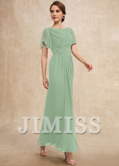 Beaded pleated A-line plunging ankle-length chiffon mother of the bride dress