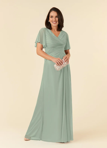 A-line V-neck pleated mesh and floor length mother of the bride dress