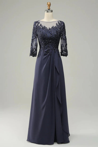 Long sleeved blue decal bride mother dress