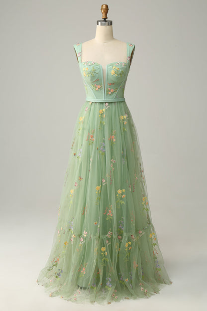 A-Line Square Neck Embroidered Prom Dress Floor Length With Flowers