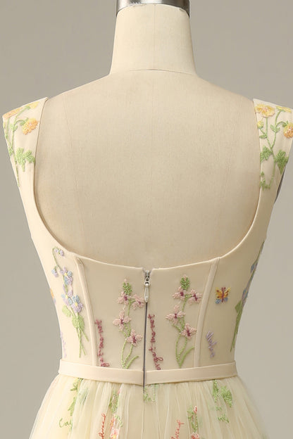 A-Line Square Neck Embroidered Prom Dress Floor Length With Flowers
