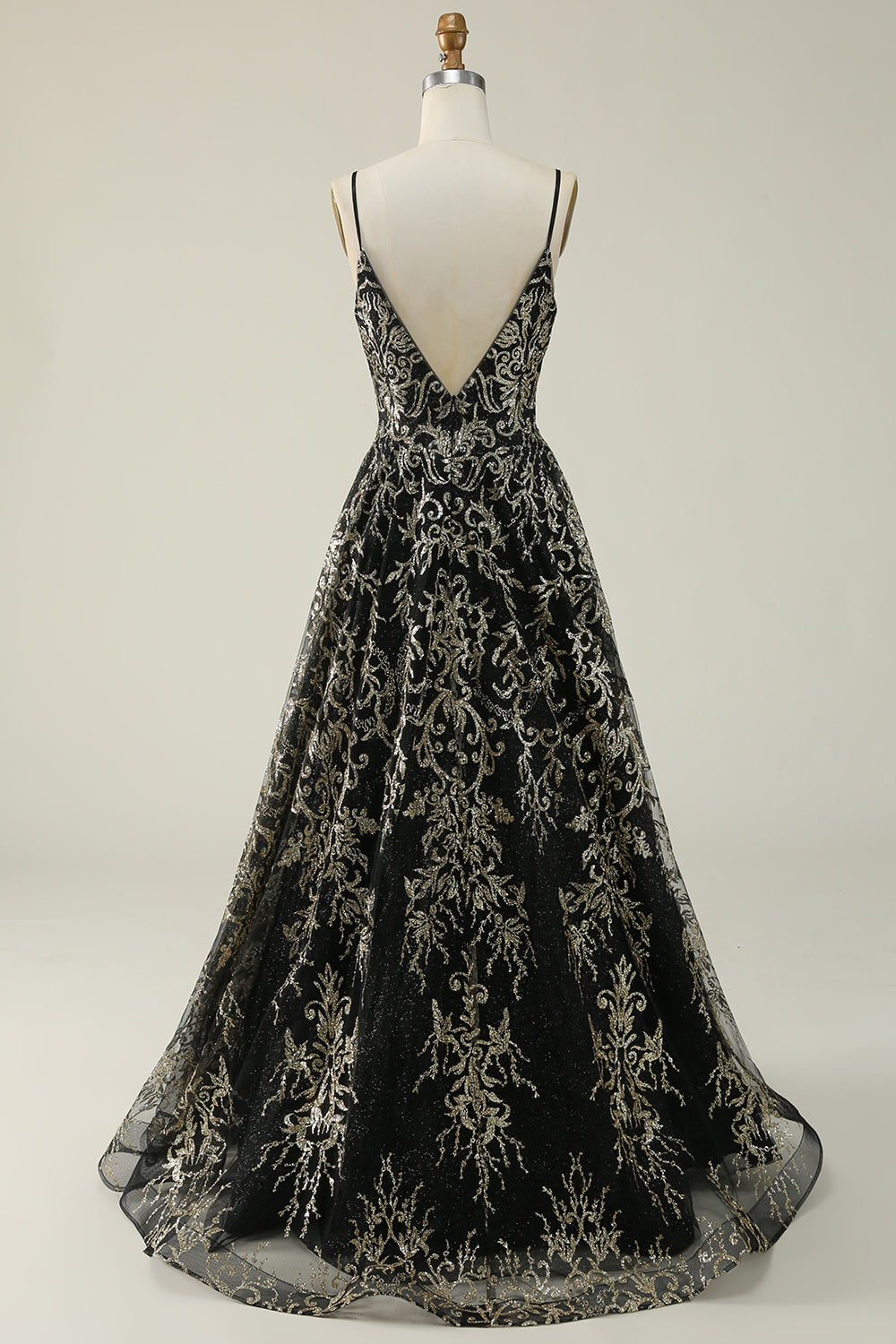 Black Golden A Line Spaghetti Straps Long Prom Dress V-neck Floor Length