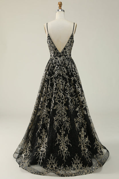 Black Golden A Line Spaghetti Straps Long Prom Dress V-neck Floor Length