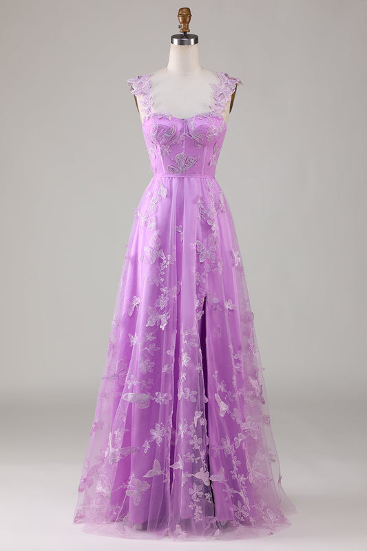 A Line Square Neck Corset Prom Dress with 3D Butterflies Floor Length Charming Evening Party Dress