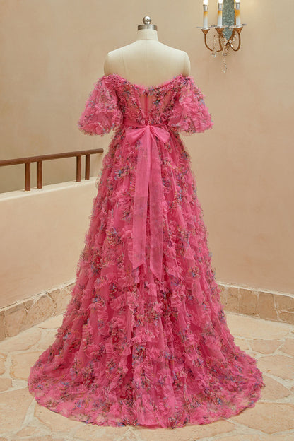 A Line Sweetheart Ruffles Sweep Train Floral Printed Chiffon Prom Dresses Beautiful