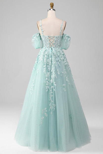 Ball-Gown Off The Shoulder Beaded Mint Prom Dress With Appliques Floor Length Beautiful