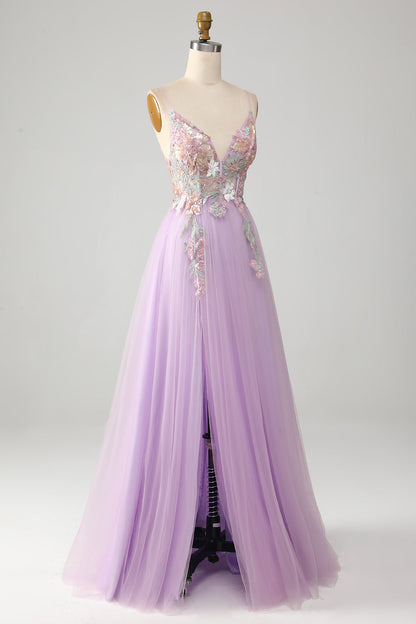 Glitter Lilac A-Line Spaghetti Straps Long Prom Dress with Flowers V-neck Sexy