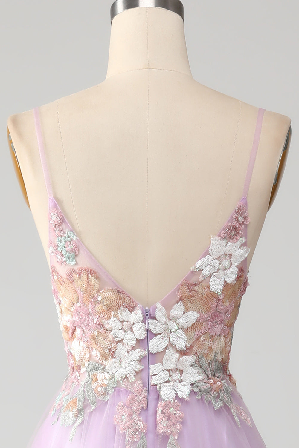Glitter Lilac A-Line Spaghetti Straps Long Prom Dress with Flowers V-neck Sexy