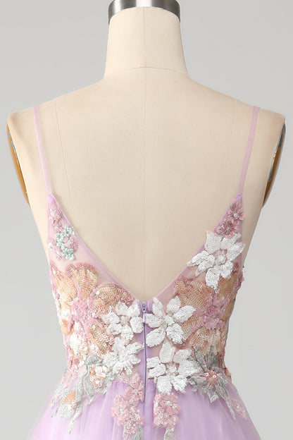 Glitter Lilac A-Line Spaghetti Straps Long Prom Dress with Flowers V-neck Sexy
