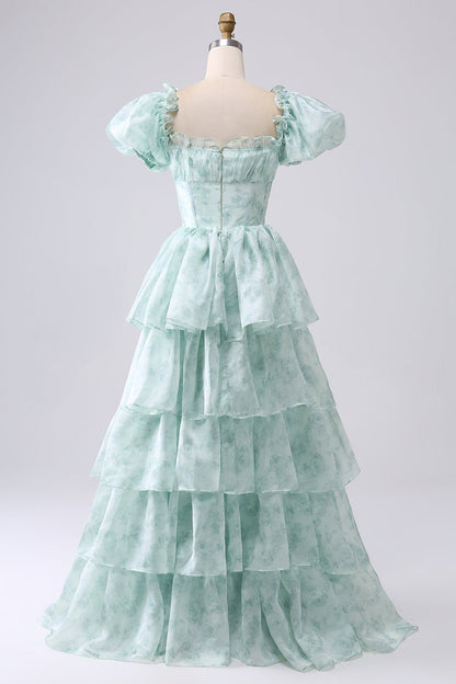 Light Blue Floral Print A-Line Off The Shoulder Tiered Prom Dress Floor Length Beautiful