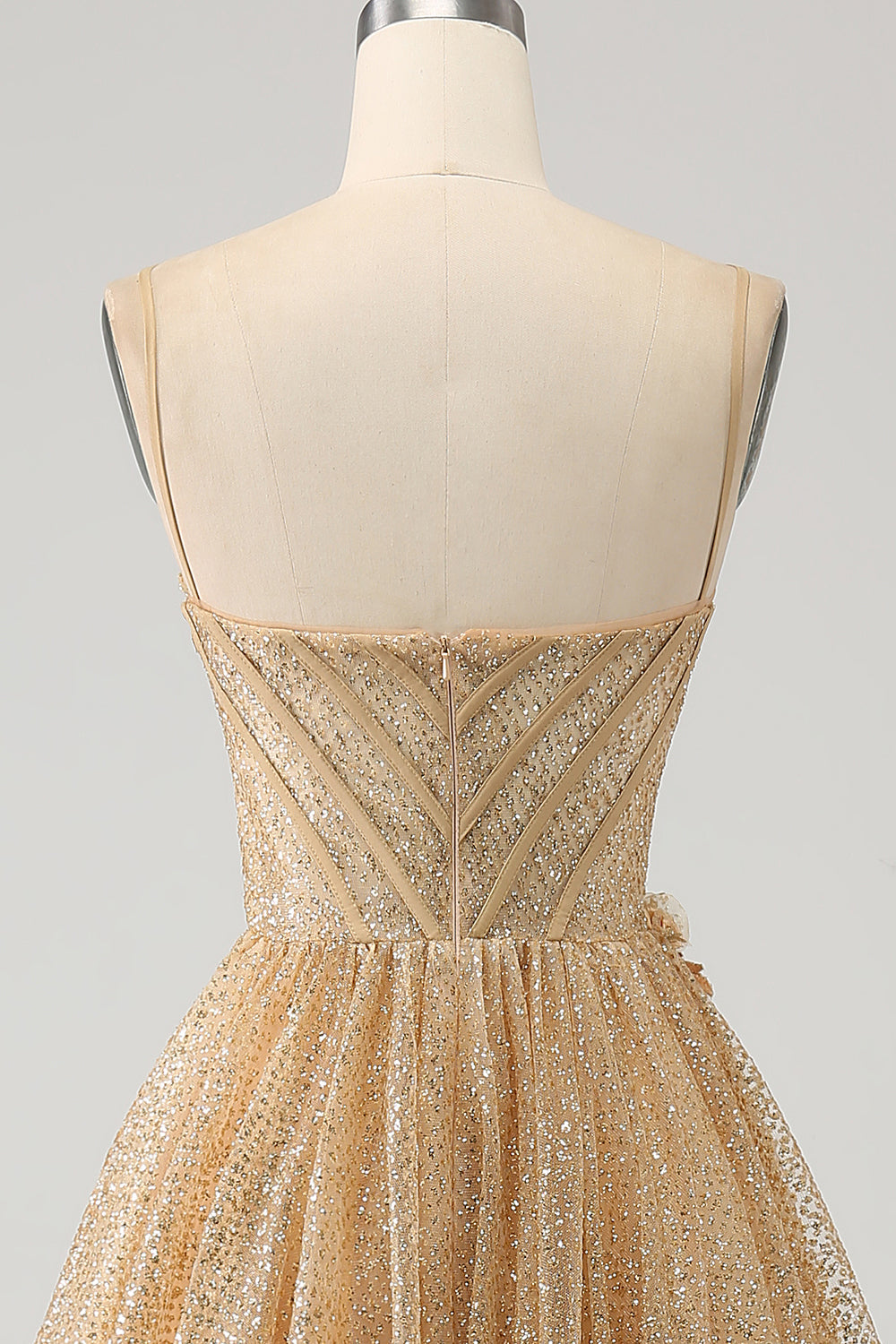 Glitter Golden A-Line Spaghetti Straps Corset Long Prom Dress with Flowers Sparkly