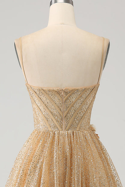 Glitter Golden A-Line Spaghetti Straps Corset Long Prom Dress with Flowers Sparkly