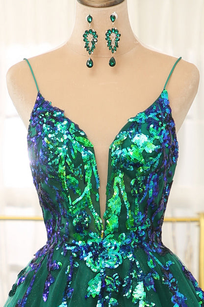 Dark Green A Line Tulle Long Prom Dress With Sparkly Sequined Appliques Sexy