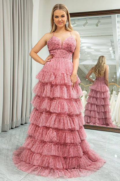 A-Line Spaghetti Straps Layered Tulle Prom Dress with Floral Printed Sexy