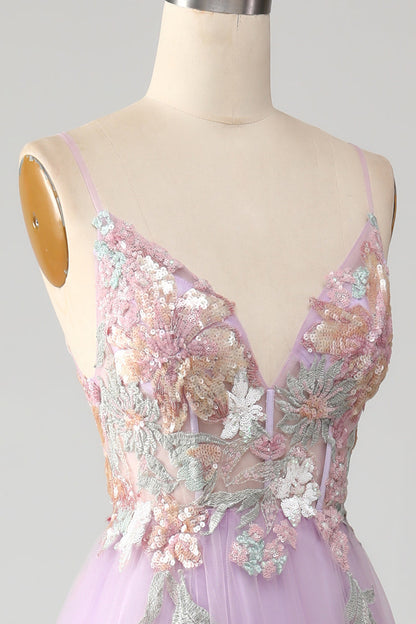 Glitter Lilac A-Line Spaghetti Straps Long Prom Dress with Flowers V-neck Sexy