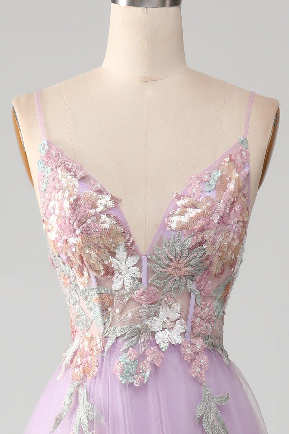 Glitter Lilac A-Line Spaghetti Straps Long Prom Dress with Flowers V-neck Sexy