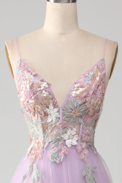 Glitter Lilac A-Line Spaghetti Straps Long Prom Dress with Flowers V-neck Sexy