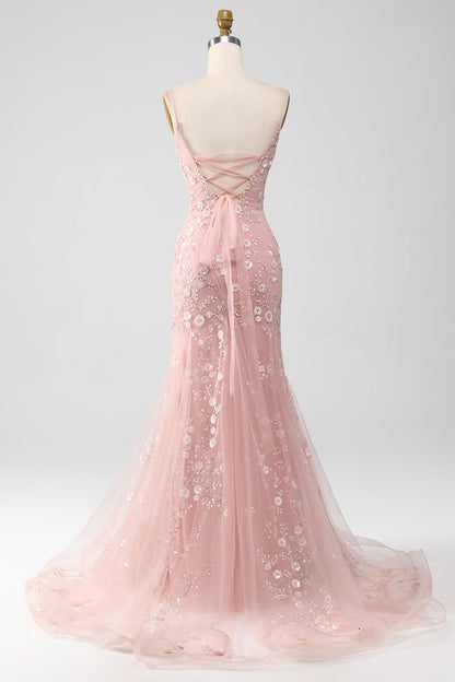 Blush Mermiad Spaghetti Straps Long Prom Dress with Appliques Light Blue With Flowers