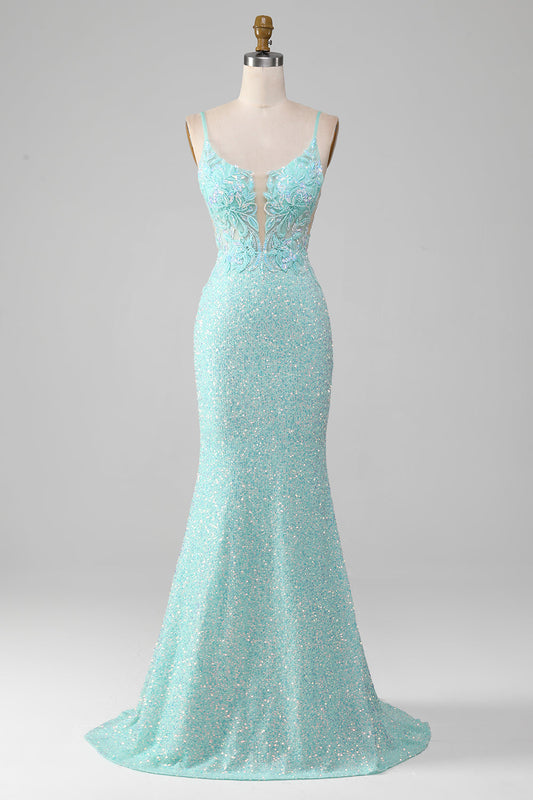 Sequins Sparkly Light Green Mermaid Long Prom Dress with Slit Floor Length