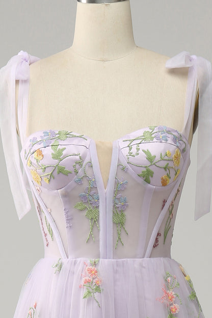 A Line Spaghetti Straps Corset Long Prom Dress With Embroidery Floor Length With Flowers