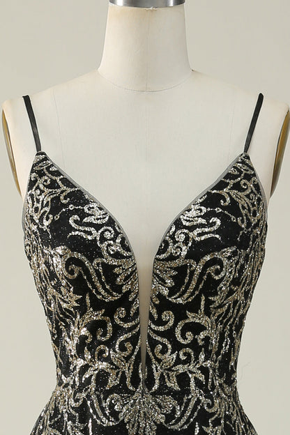 Black Golden A Line Spaghetti Straps Long Prom Dress V-neck Floor Length