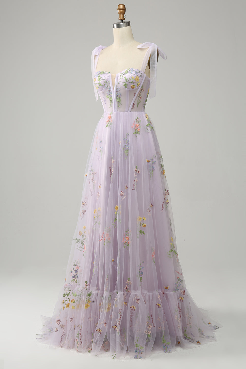 A Line Spaghetti Straps Corset Long Prom Dress With Embroidery Floor Length With Flowers