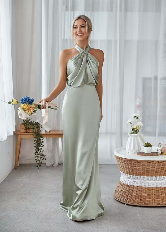Sheath Halterneck Satin Pleated Floor Length formal dresses Bridesmaid Dresses evening gown Prom Dress