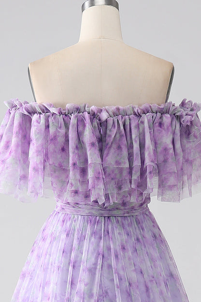 A-Line Off the Shoulder Floral Long Prom Dress With Ruffles Beautiful