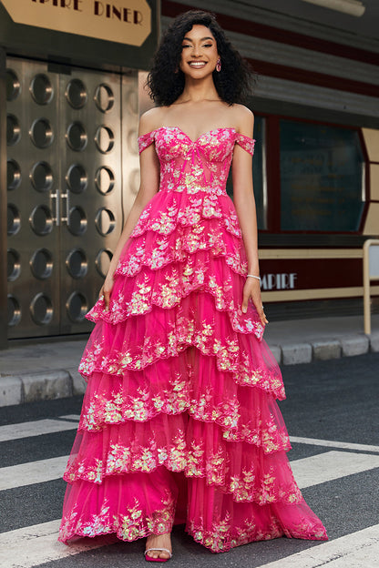 A-Line Off The Shoulder Sparkly Sequin Tiered Prom Dress Floor Length With Slit Sexy