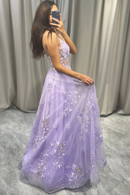 Elegant Purple A Line Tulle Long Beaded Prom Dress With Appliques Beautiful