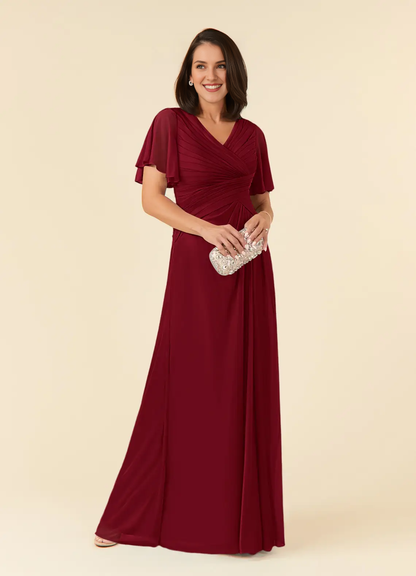 A-line V-neck pleated mesh and floor length mother of the bride dress