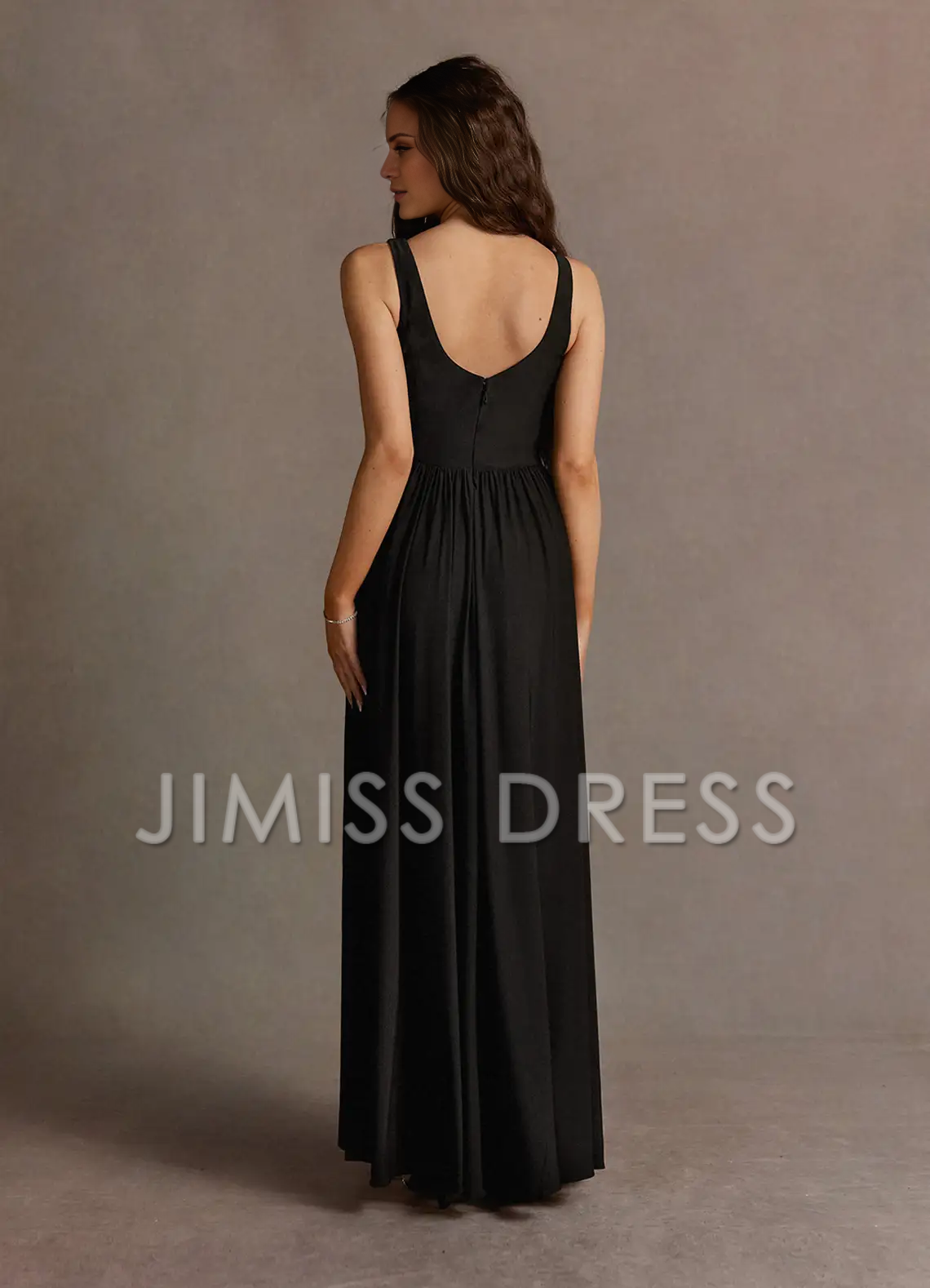 Jimiss slim shoulder strap V-neck side slit and floor length Prom dress