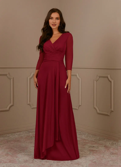 A-line V-neck pleated mesh and floor length mother of the bride dress