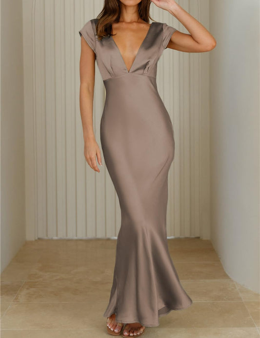 Elegant V Neck Cap Sleeve Backless Satin formal dresses evening gown Bridesmaid Dresses