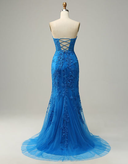 Lilac Mermaid Corset Back Long Prom Dress With Appliques Charming Evening Dress
