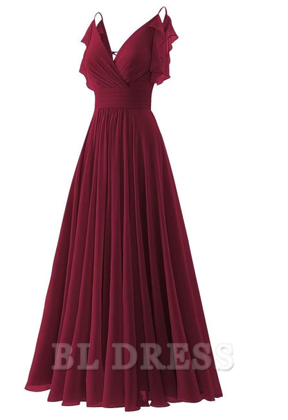 A-line V Neck Ruffle Chiffon Spaghetti Straps formal dresses Bridesmaid Dresses evening gown Prom Dress