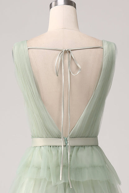 A-Line V Neck Tiered Floor Length Tulle Maxi Dress With Slit Prom Dresses