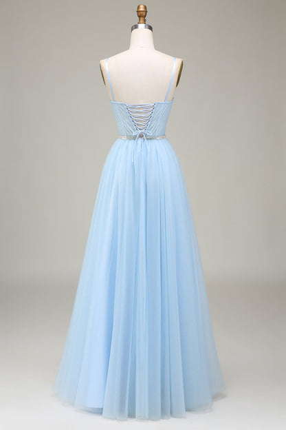 Light Blue A-Line Tulle Long Prom Dress With Appliques Floor Length Beautiful